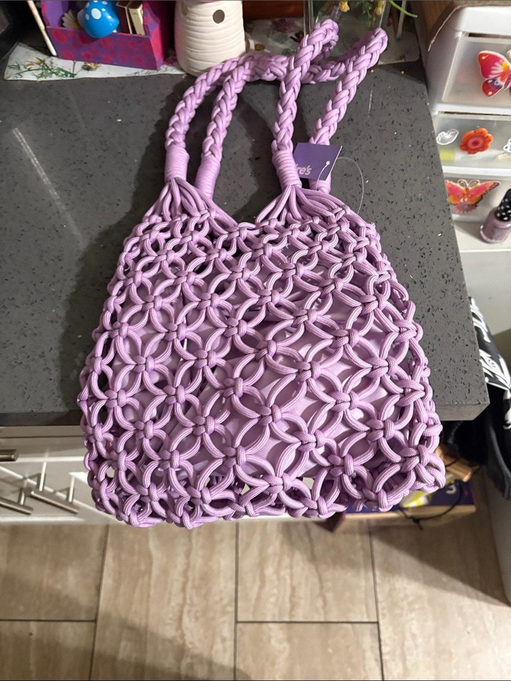 Lilac Macrame Tote Bag - Women's Fashion Handbag